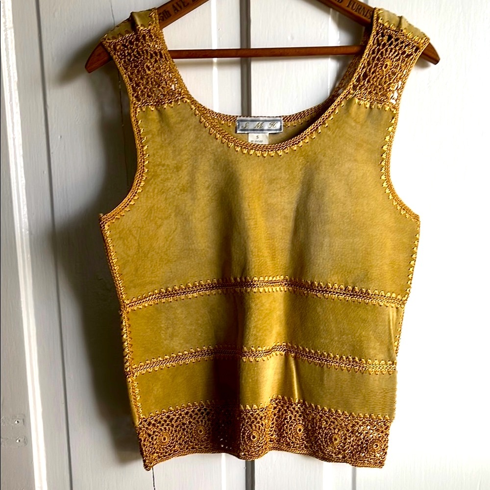 VINTAGE Festival Wear Leather & Crochet Sleeveless Tank Top Size Small